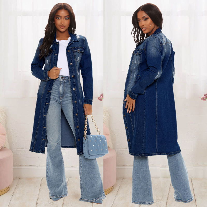 Women'S Fashion Ripped Long Sleeve Denim Jacket