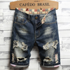 Men Summer Fashion Casual Color Matching Raw Hem Ripped Denim