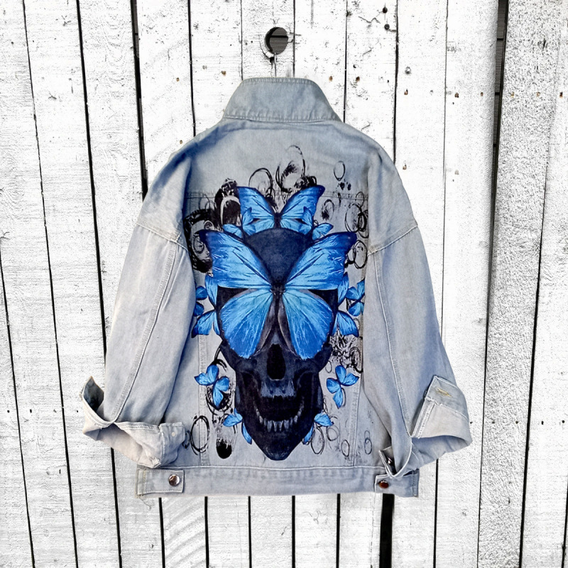 Women Casual Long Sleeves Graphic Butterfly Printed Single-Breasted Denim Jacket