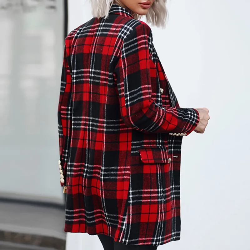 Women Fashion Red Plaid Long Blazers