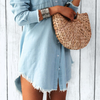 Women Fashion Lapel Long-Sleeve Tassel Denim Blouse