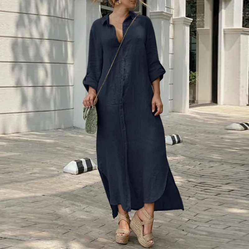 Women Casual Cotton Linen Lapel Single Breasted Maxi Shirt Dress