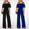 Women Fashion Causal Solid Color Patchwork Off Shoulder Ruffled Defined Waist Jumpsuits