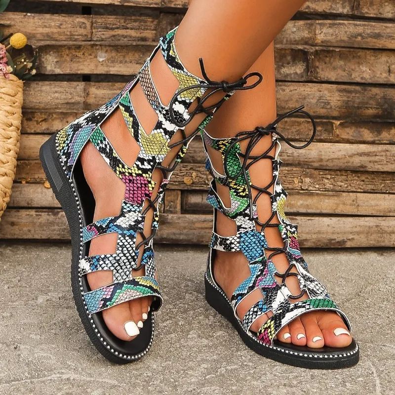 Women Fashion Vintage Snake Strap Round Toe Flat Hollow Roman Sandals