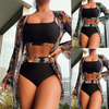 Women Summer Vacation Sexy Leaf Floral Printed Swimsuit Three-Piece Set