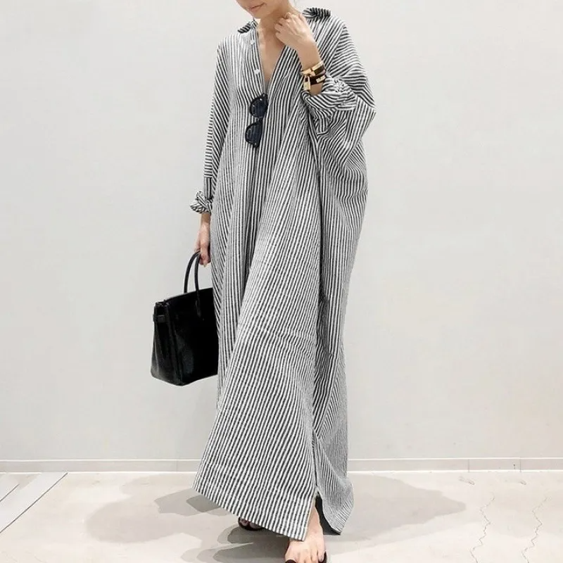 Women Ramadan /Eid Fashion Casual Loose Stripe Cardigan Long Sleeve Maxi Dress