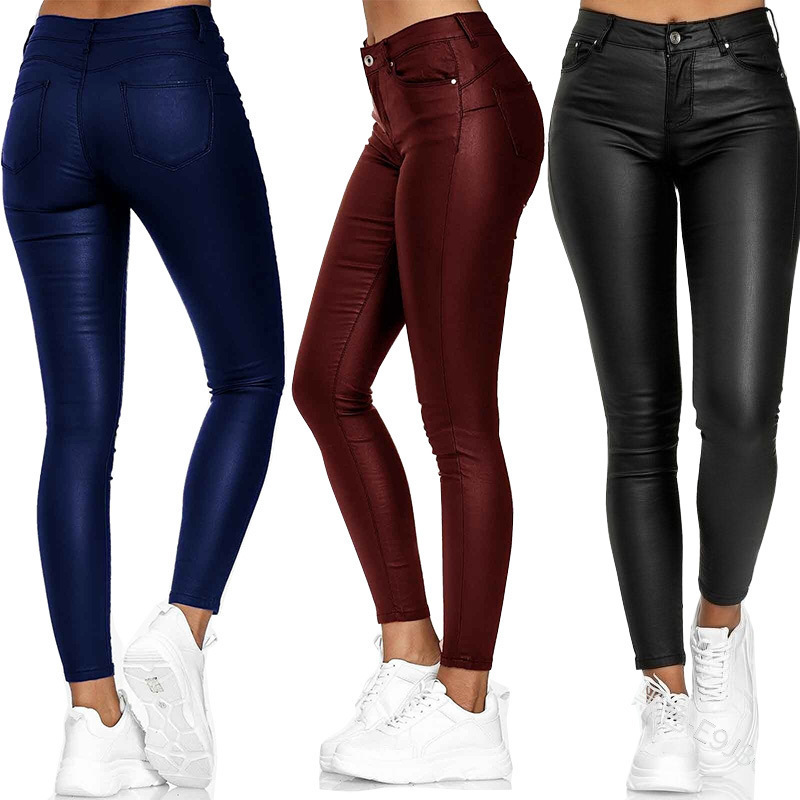Women Spring Solid Color PU Casual Pants