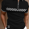 Men Fashion Colorblock Zip Lapel Chest Plaid 2 Graphic Print Short Sleeve Loose Polo Shirt