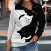 Women Casual Long-Sleeved Diagonal Zipper Graphic Cat Geometry Print Sweatshirt