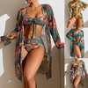 Women Fashion Floral Printing Bikini Mesh Cover-Up Three-Piece Bikini Swimwear Set