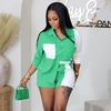 Women'S Fashion Casual Waffle Color Blocking Long Sleeve Shirt Shorts Two-Piece Set