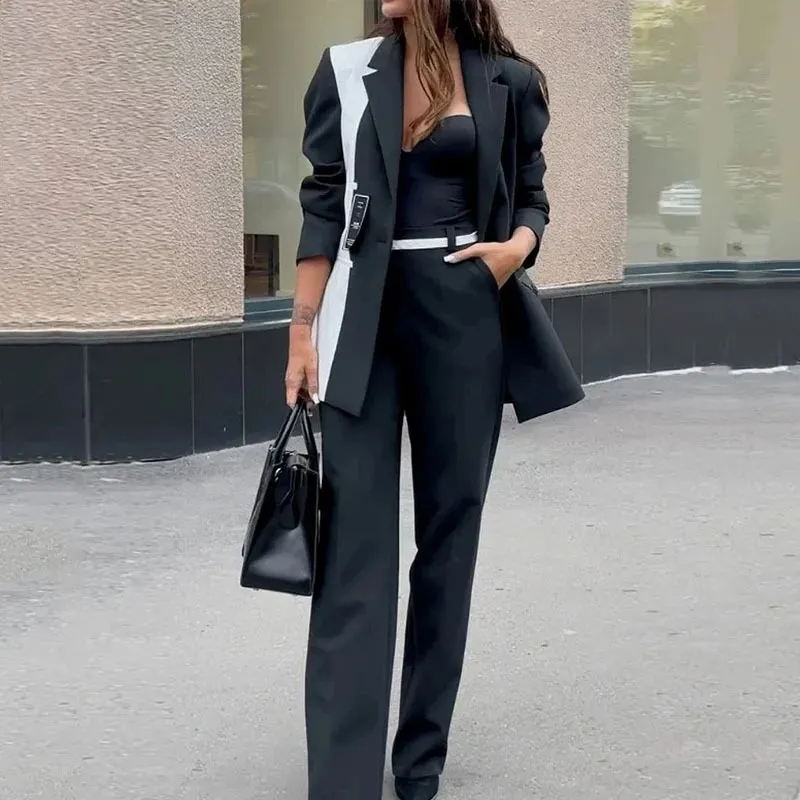 Women Fashion Casual Black White Color Block Blazer Jacket Straight Leg Pants Two-Piece Set
