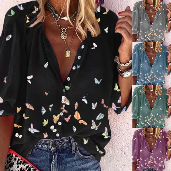 Women Casual Summer Plus Size Long Sleeve Lapel Shirt Butterfly Print Blouse