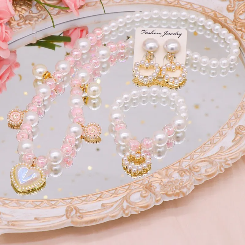 (Buy 1 Get 1) Children Kids Baby Fashion Girls Heart Pearl Bead Necklace Bracelet Earrings Set