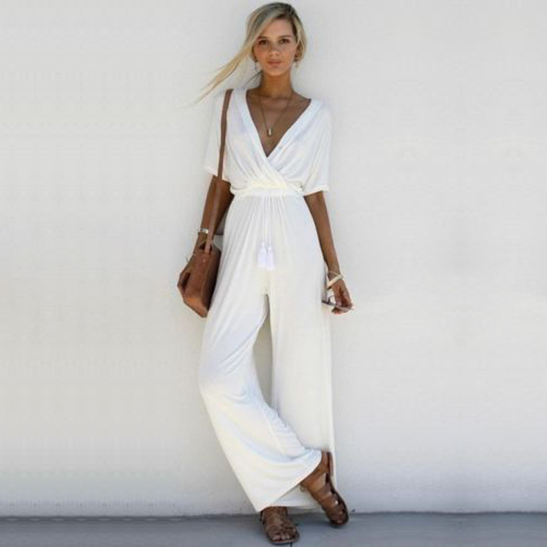 Women Solid Color Short Sleeve V Neck Loose Casual Wide Leg Jumpsuit