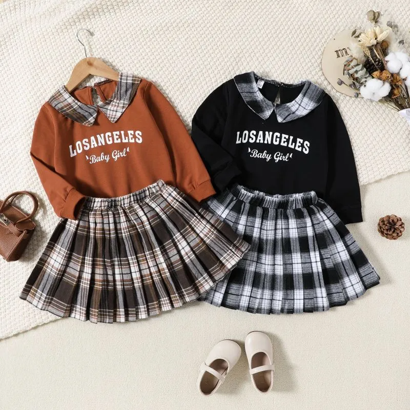 (Buy 1 Get 2) Children Fashion Plaid Print Girl Long Sleeve Plaid Print Two-Piece Set