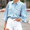 Women Fashion Casual Washed Denim Shirt Loose Blouse