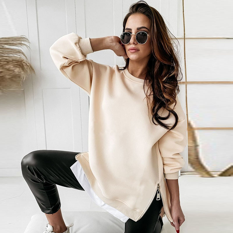 Autumn Winter Women Round Neck Side Zipper Solid Color Casual Sweatshirt