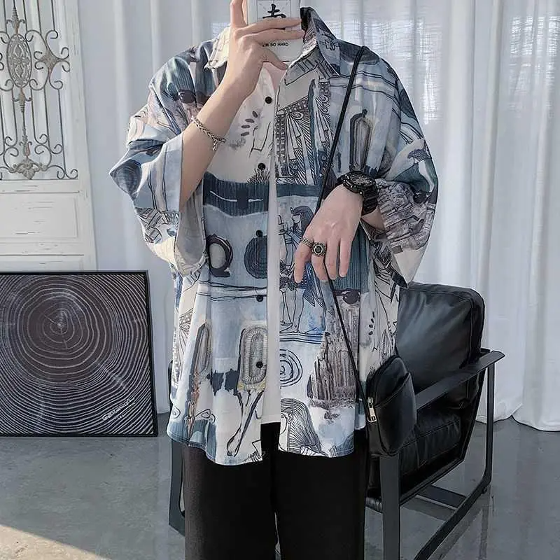 Men Casual Crop Sleeve Lapel Single-Breasted Pattern Printing Loose Shirt