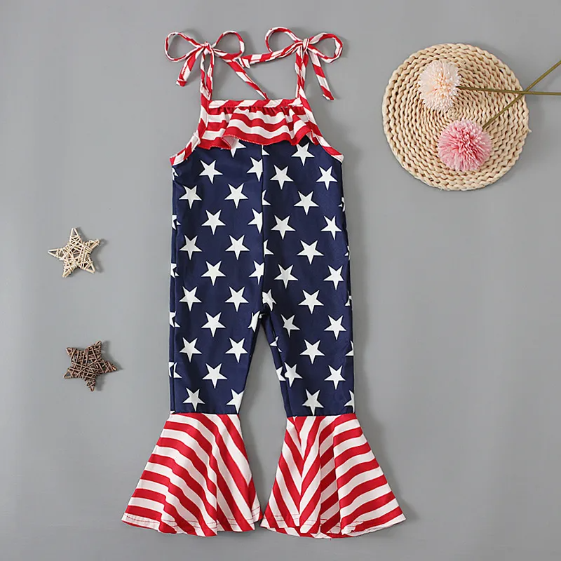 Toddlers Newborn Baby Fashion Girls Casual Basics Sleeveless Independence Day Star Flag Print Jumpsuit