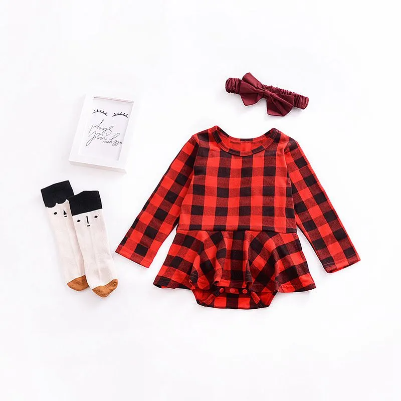 Girls Cotton Red Plaid Printed Long Sleeves Outdoor Christmas Bodysuit