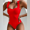 Women Fashion Solid Color Basic Ruffled Strap Tight Bodysuit