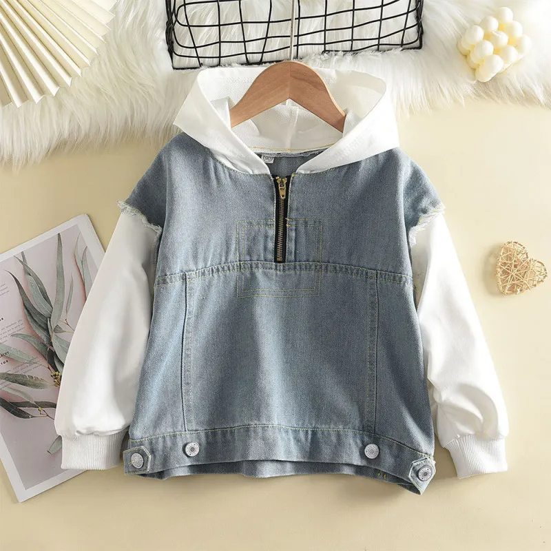 Children Kids Baby Fashion Girls Boys Long Sleeve Denim Splicing Hoodies