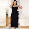 Women Casual Summer Plus Size Color Contrast Side-Slit Stripe Maxi Dress