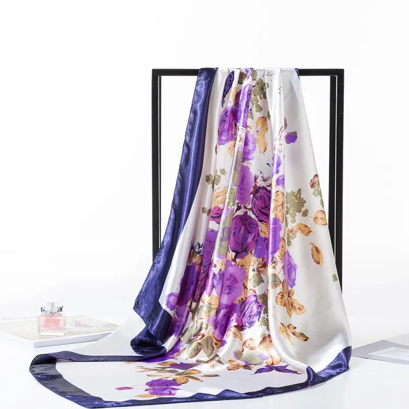 (Buy 1 Get 2) 90X90Cm Women'S Fashion Satin Satin Square Butterfly Floral Printed Silk Scarf