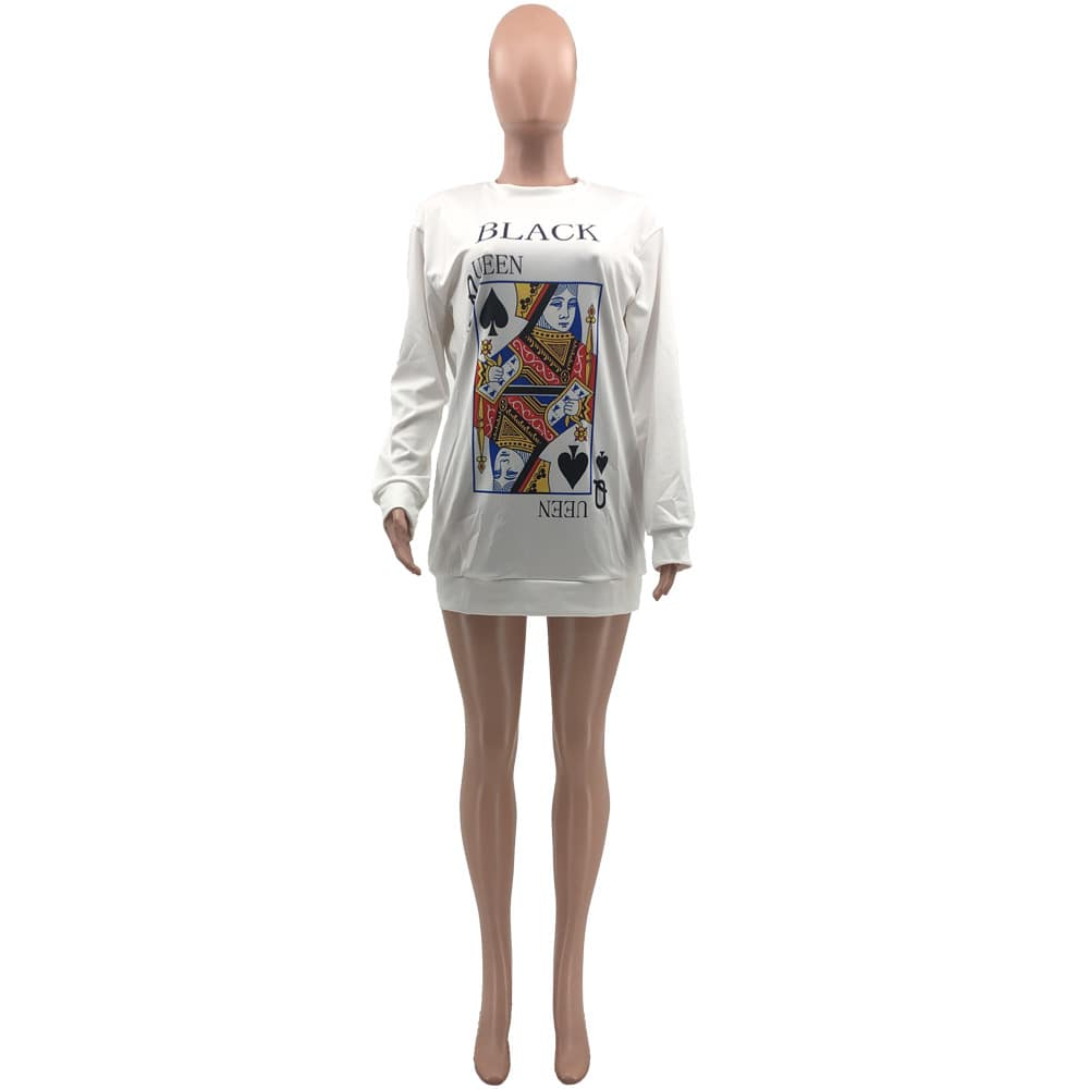 Women Casual Poker Printing Long Sleeve Dress