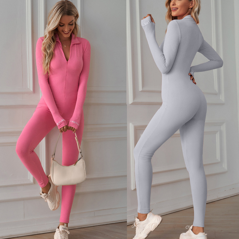 Women Athleisure Solid Color Stand Collar Zipper Long Sleeve Slim Fit Sports Jumpsuit