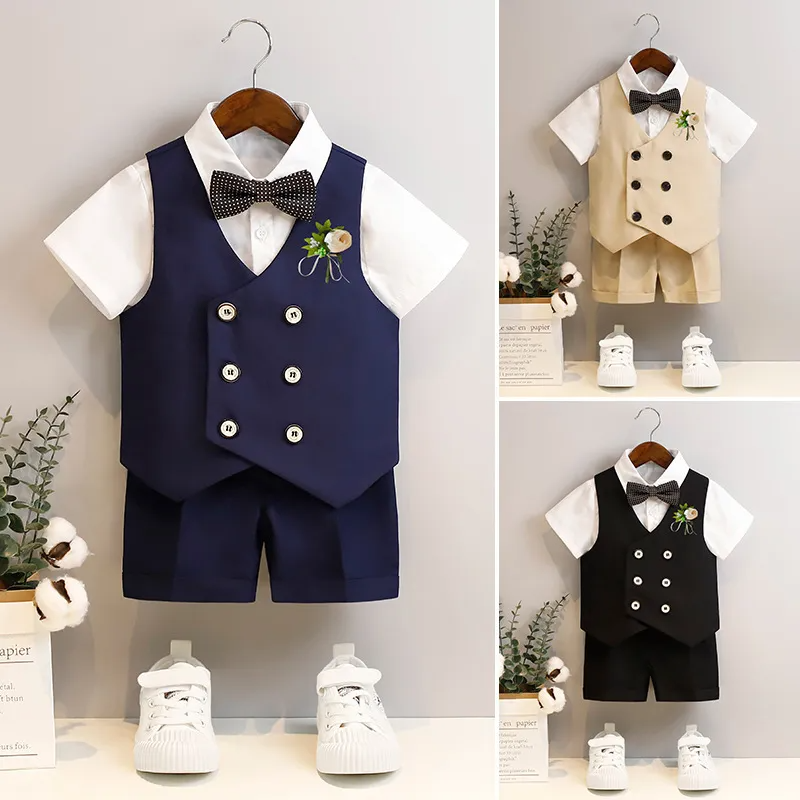 Kids Toddler Big Boys Autumn Winter Fashion Casual British Style Bow Waistcoat Short Sleeve Shirt Shorts Boys Party Clothing Set