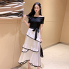 Women Fashion Casual Elegant Off Shoulder Lace-Up Short-Sleeve Ruffled Dress