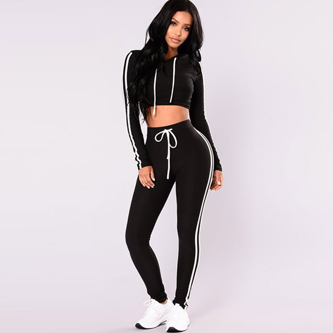 Hooded Lace-Up Long-Sleeve Crop Top And Tight Leggings Two-Piece Sets