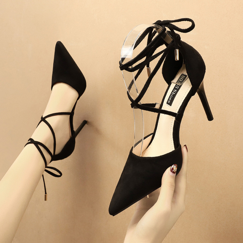 Women Fashion Sexy Suede Pointed Toe Cross Strap Bow Stiletto Pumps