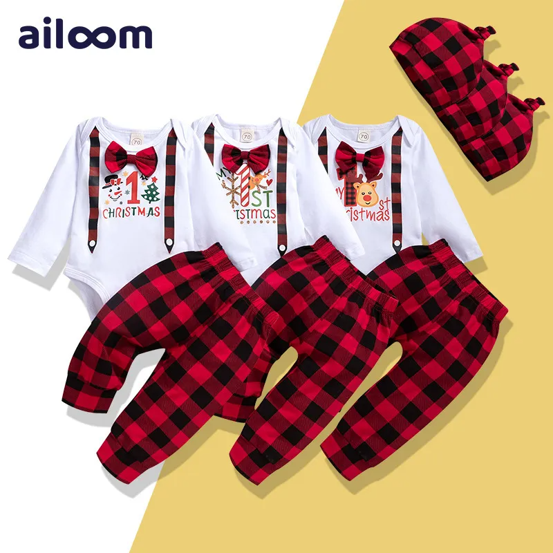 Kids Baby Boys Girls Christmas Bow Long Sleeve Round Neck Romper Played Trousers Sets