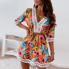 Women Fashion Casual Boho Floral Printed V-Neck Short Sleeve Dress