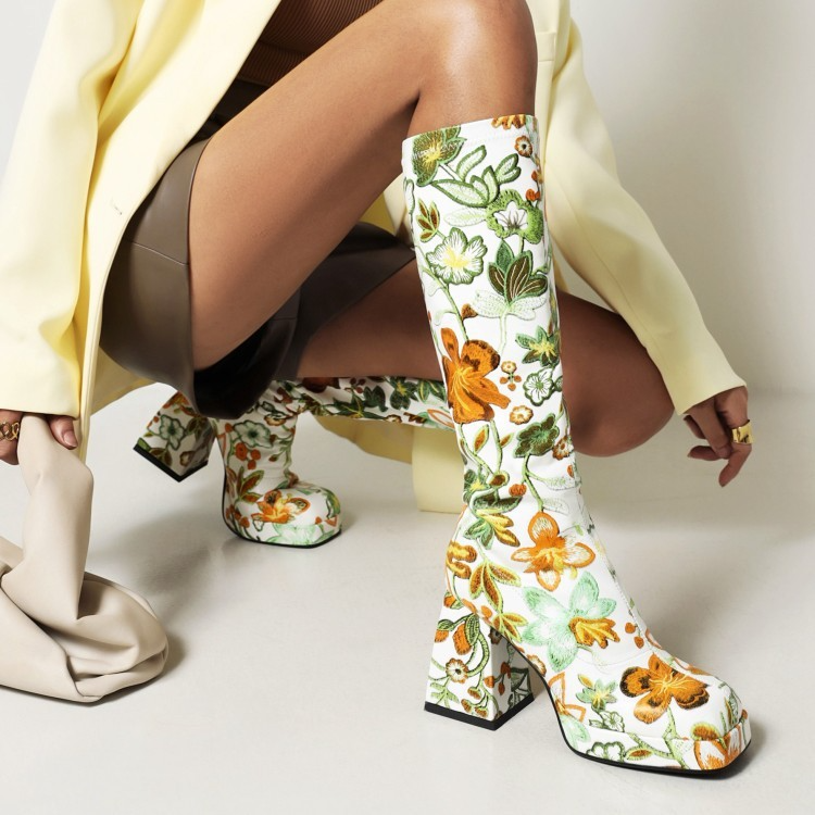 Women Fashion Floral Color Matching Chunky Heel Thick-Soled High Boots