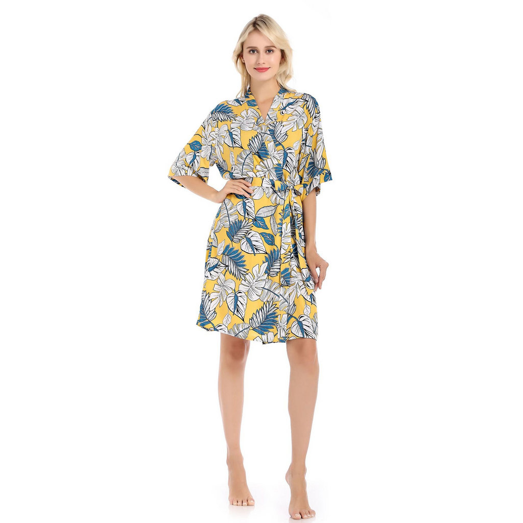 Women Leaf Print Lace-Up Home Pajamas Night-Robe