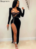 Women Elegant Long Sleeves Patchwork Rhinestone Side-Slit Maxi Dress And Bodysuit Set