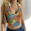 Sexy Deep V Lapel Halter Backless Women Floral Printed Pleated Crop Top