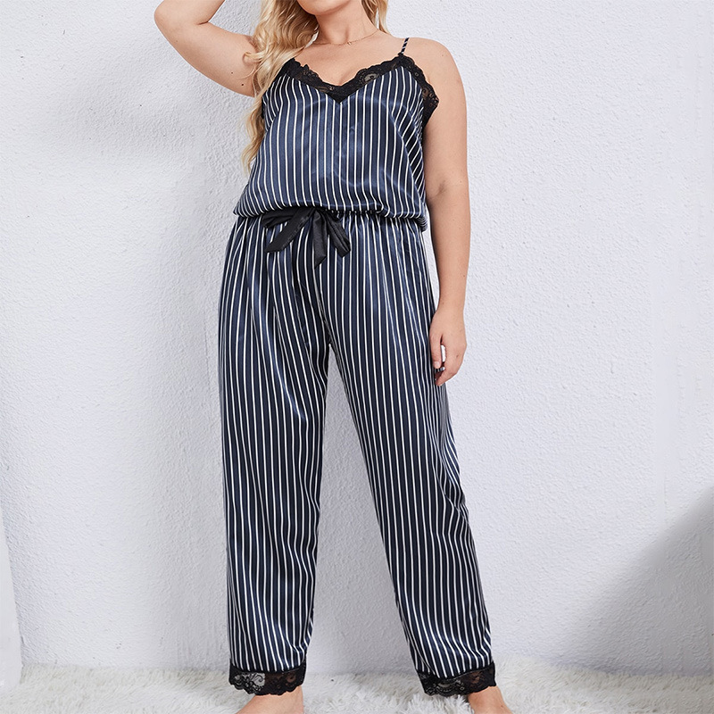 Plus Size Women Cozy Striped Lace Satin Loungewear Pajamas