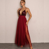 Elegnat Women Fashion Sequin Decor Deep V Side Slit Mesh Maxi Party Evening Dress