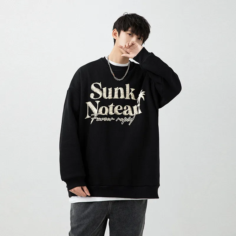 Men'S Fashion Retro Long Sleeve Round Neck Letter Print Loose Sweatshirt