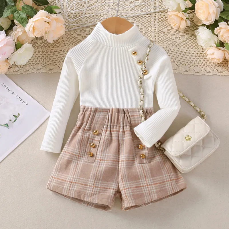 Toddler Girls Fashion Casual Solid Color Long Sleeve Turtle Neck Sweater Stripe Shorts Sets