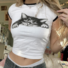 Women Street Fashion Strap Edgy Girl Cute Cat Print Round Neck Cropped T-Shirt