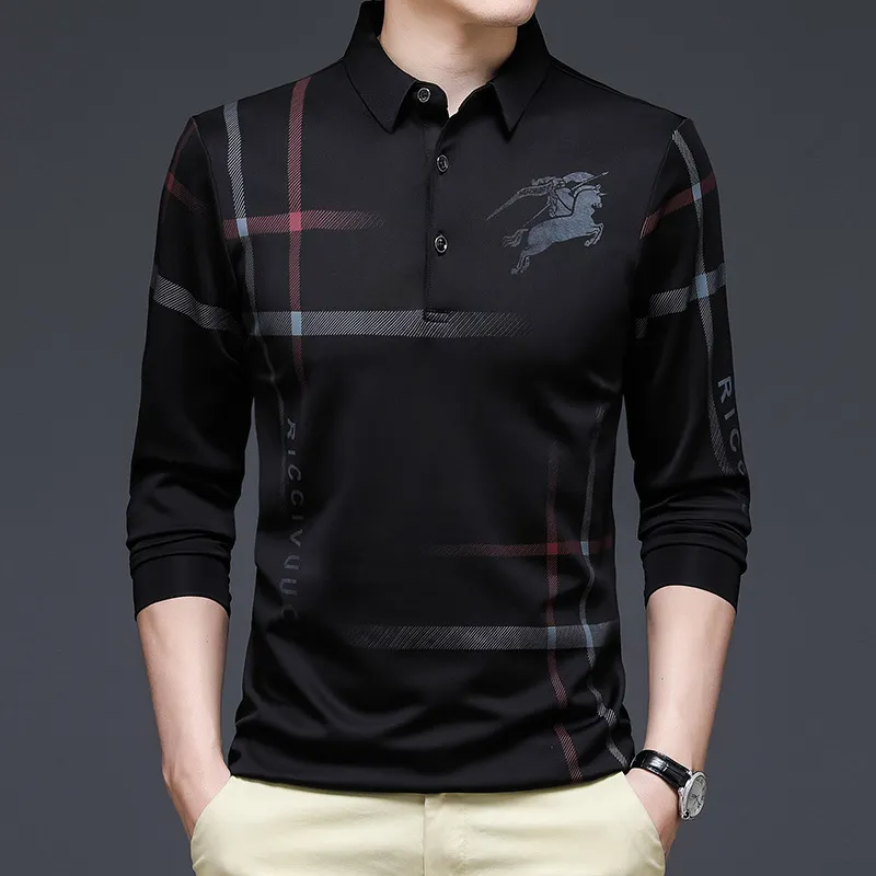 Men Casual Stripe Printed Long-Sleeved Polo Shirt