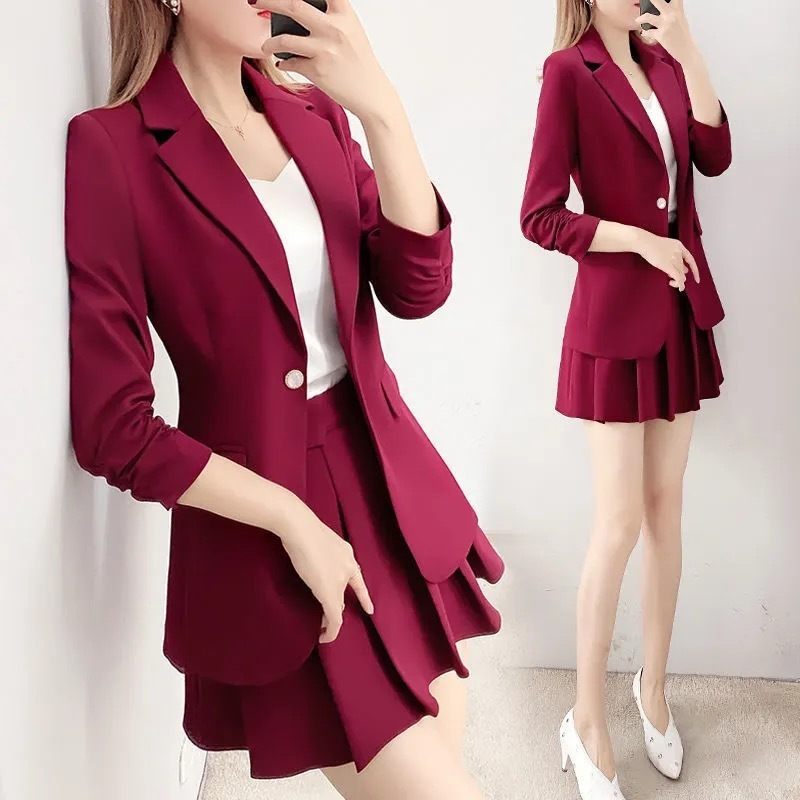 Women Fashion Elegant Solid Color Long Sleeve Blazer And Pleated Skirt Two-Piece Office Chic Set