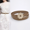 Women'S Casual Fashion Rhinestone Flower Alloy Pin Buckle Leather Belt