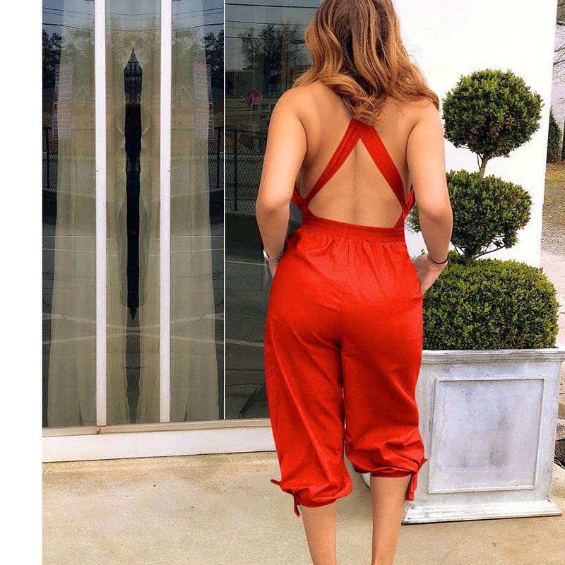 Women Fashion V-Neck Backless Solid Color Halter Jumpsuits